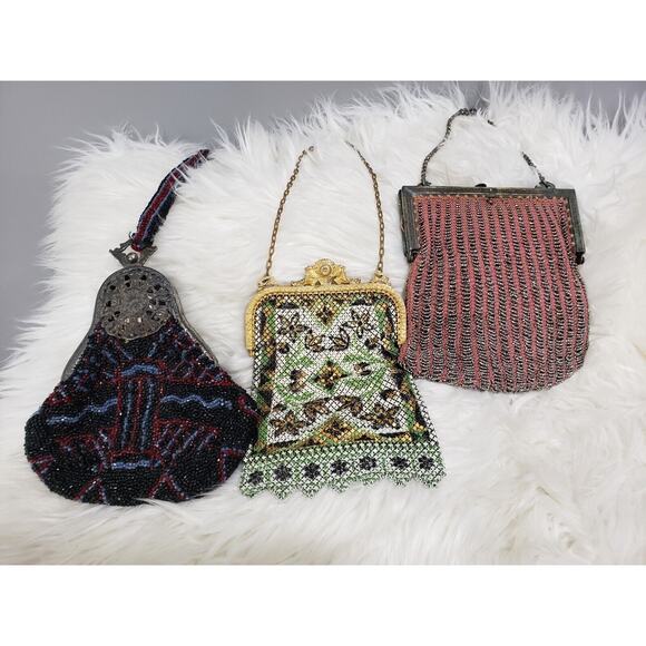 LOT 3 ANTIQUE‎ BEAUTIFUL 1920'S ART DECO MESH FLAPPER PURSE Ornate Frame